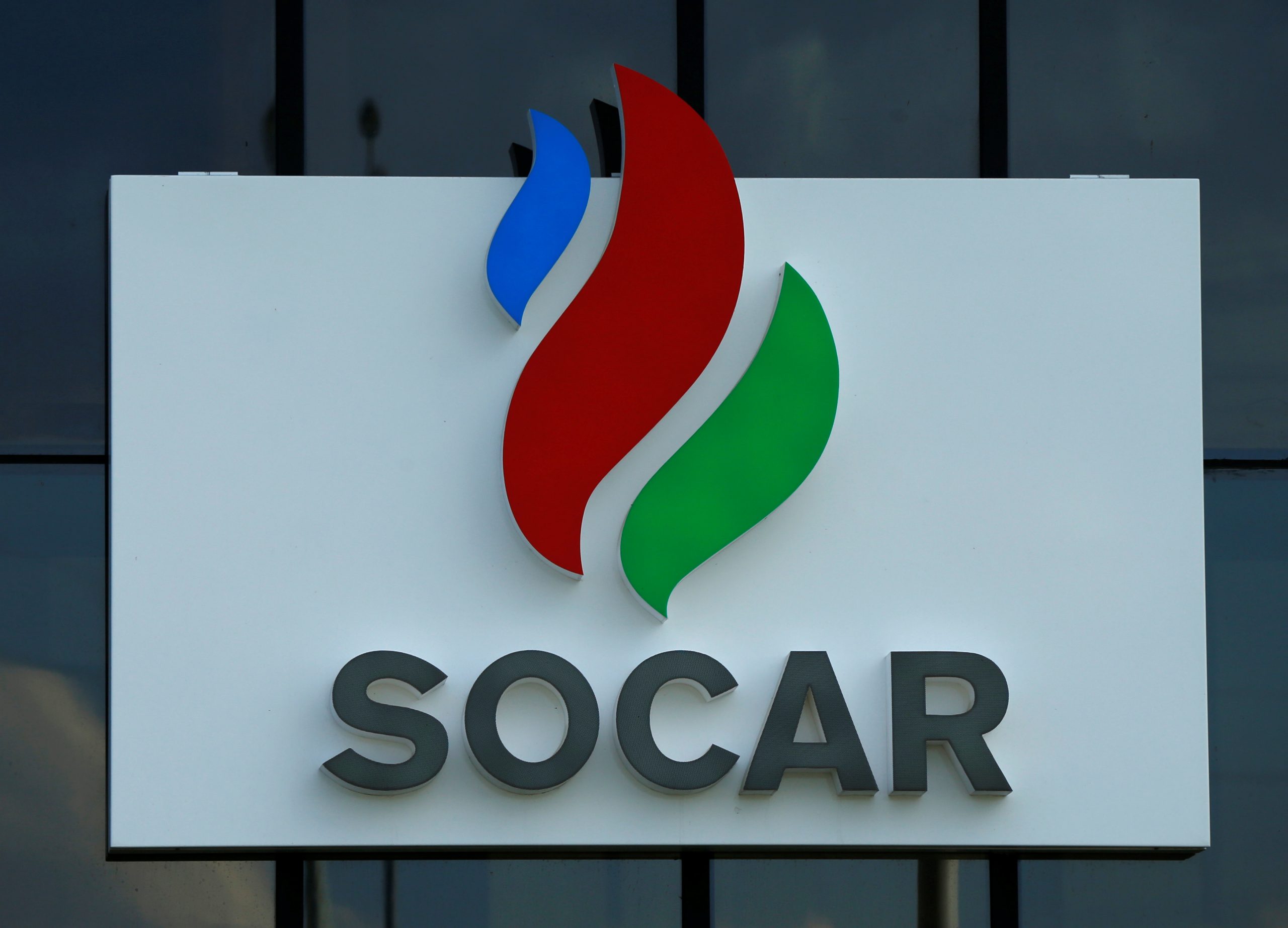 Logo of Azeri state oil company SOCAR is seen near Gori
